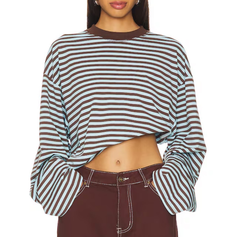NWT Lioness Blossom Brown & Light Blue Striped Long Sleeve Top small